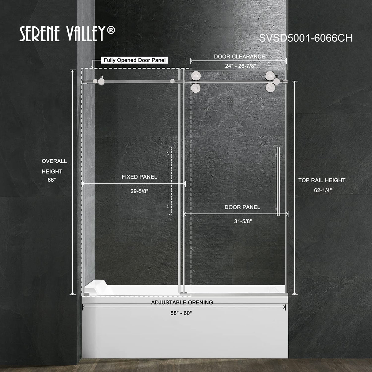 Serene Valley SVSD5001 - 6066CH Big Roller Frameless Sliding Shower Door - Superclear 3/8" Tempered Glass - 304 Stainless Steel Hardware in Chrome 56" - 60"W x 66"H - Serene Valley