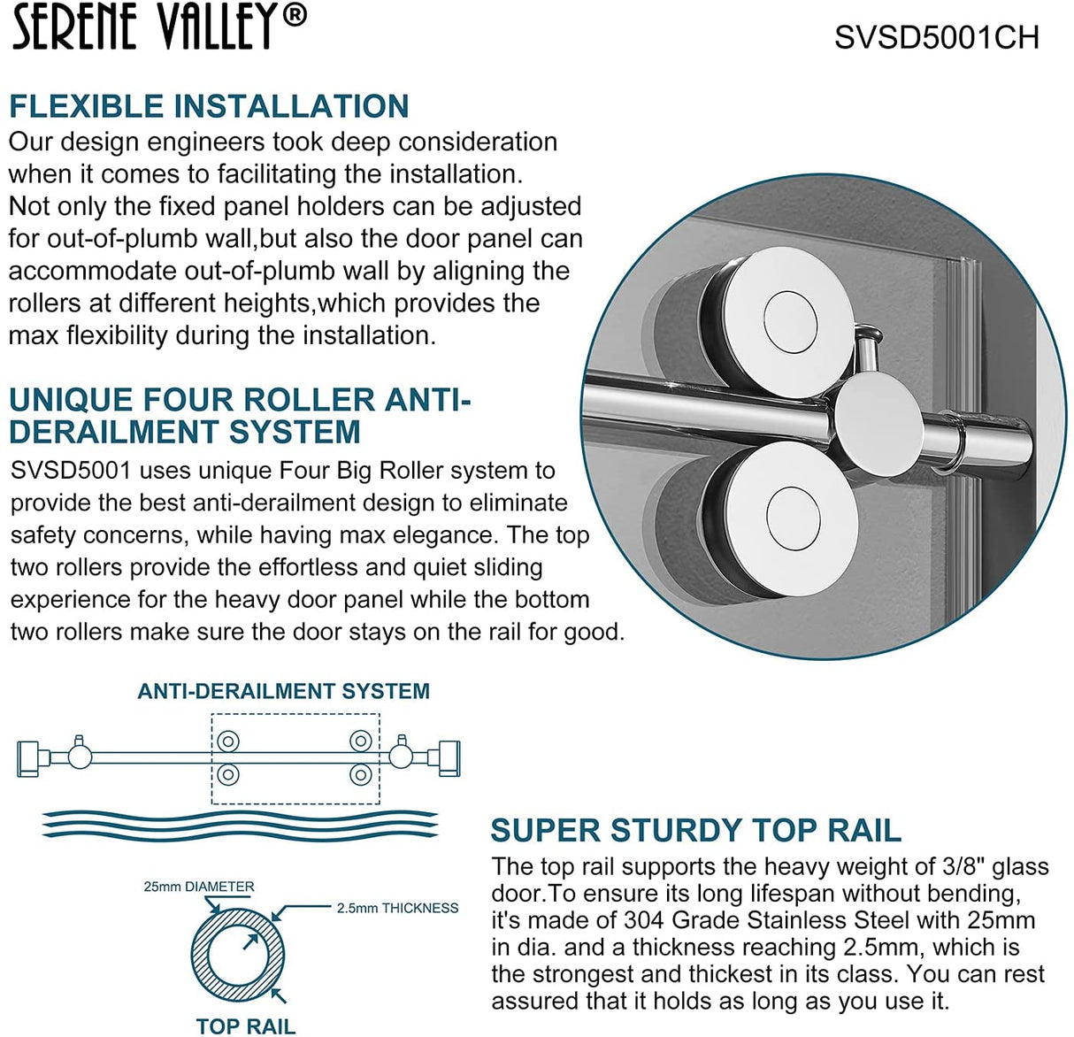 Serene Valley SVSD5001 - 6066CH Big Roller Frameless Sliding Shower Door - Superclear 3/8" Tempered Glass - 304 Stainless Steel Hardware in Chrome 56" - 60"W x 66"H - Serene Valley