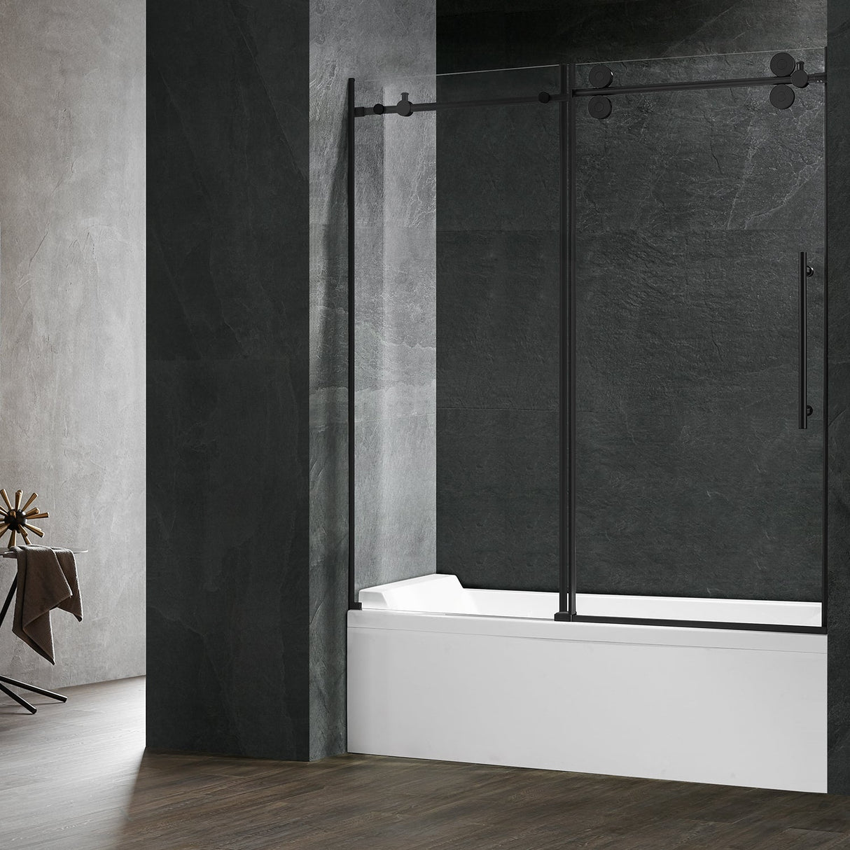 Serene Valley SVSD5001 - 6066MB Big Roller Frameless Sliding Shower Door - Superclear 3/8" Tempered Glass - 304 Stainless Steel Hardware in Matte Black 56" - 60"W x 66"H - Serene Valley