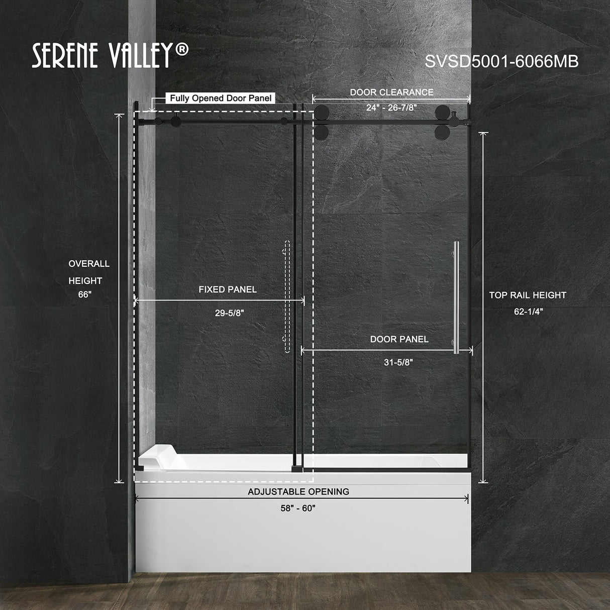 Serene Valley SVSD5001 - 6066MB Big Roller Frameless Sliding Shower Door - Superclear 3/8" Tempered Glass - 304 Stainless Steel Hardware in Matte Black 56" - 60"W x 66"H - Serene Valley