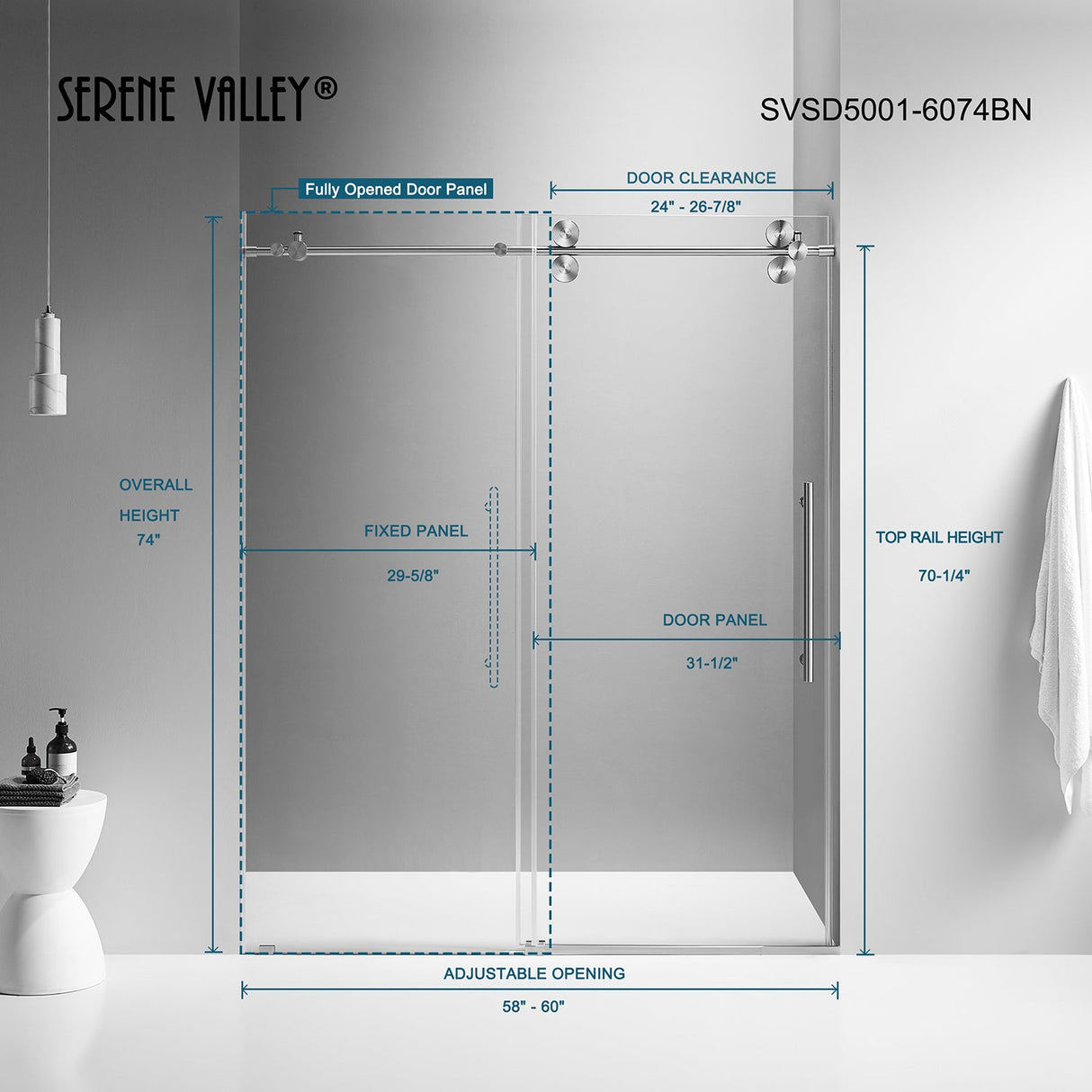Serene Valley SVSD5001 - 6074BN Big Roller Frameless Sliding Shower Door - Superclear 3/8" Tempered Glass - 304 Stainless Steel Hardware in Brushed Nickel 56" - 60"W x 74"H - Serene Valley