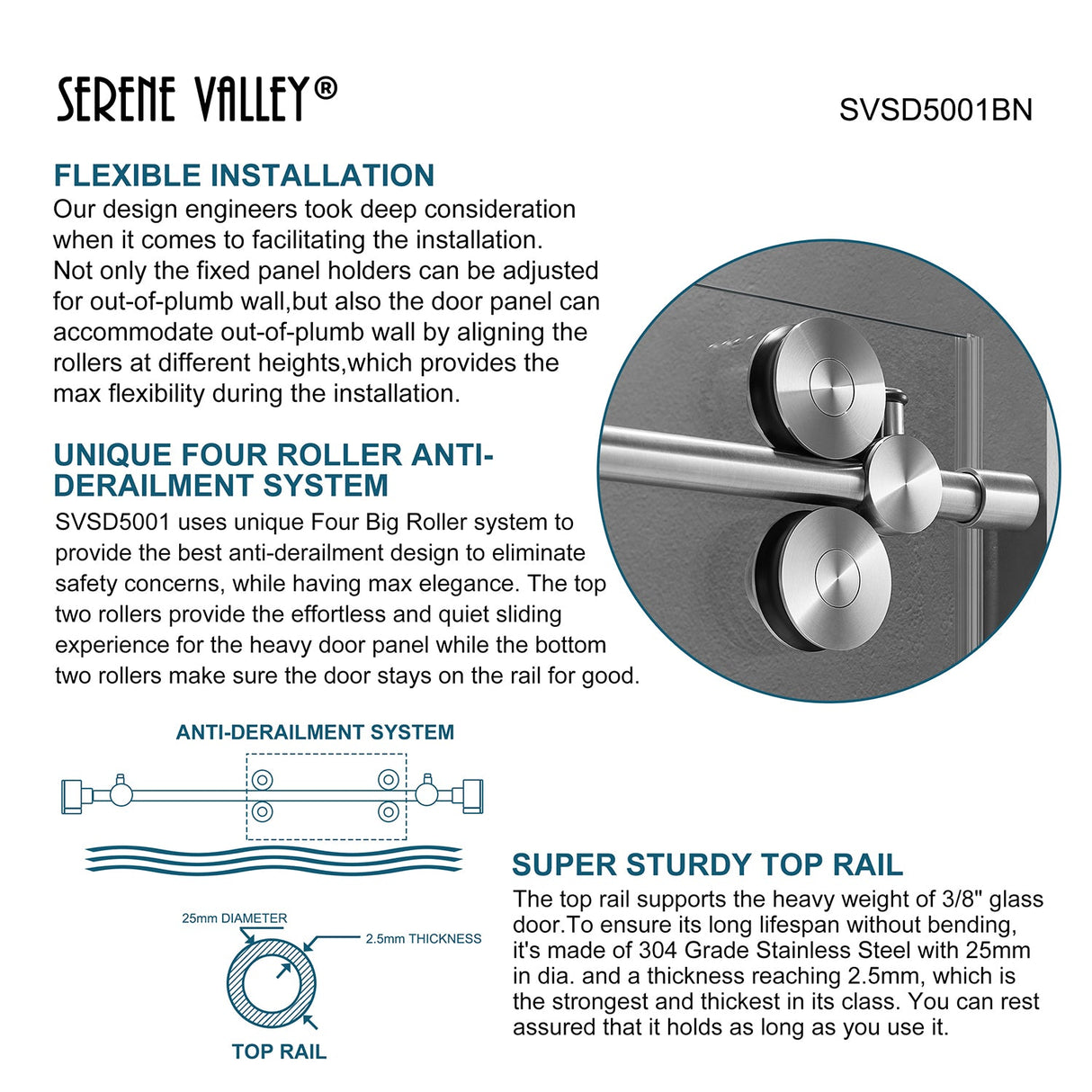 Serene Valley SVSD5001 - 7274BN Big Roller Frameless Sliding Shower Door - Superclear 3/8" Tempered Glass - 304 Stainless Steel Hardware in Brushed Nickel 68" - 72"W x 74"H - Serene Valley