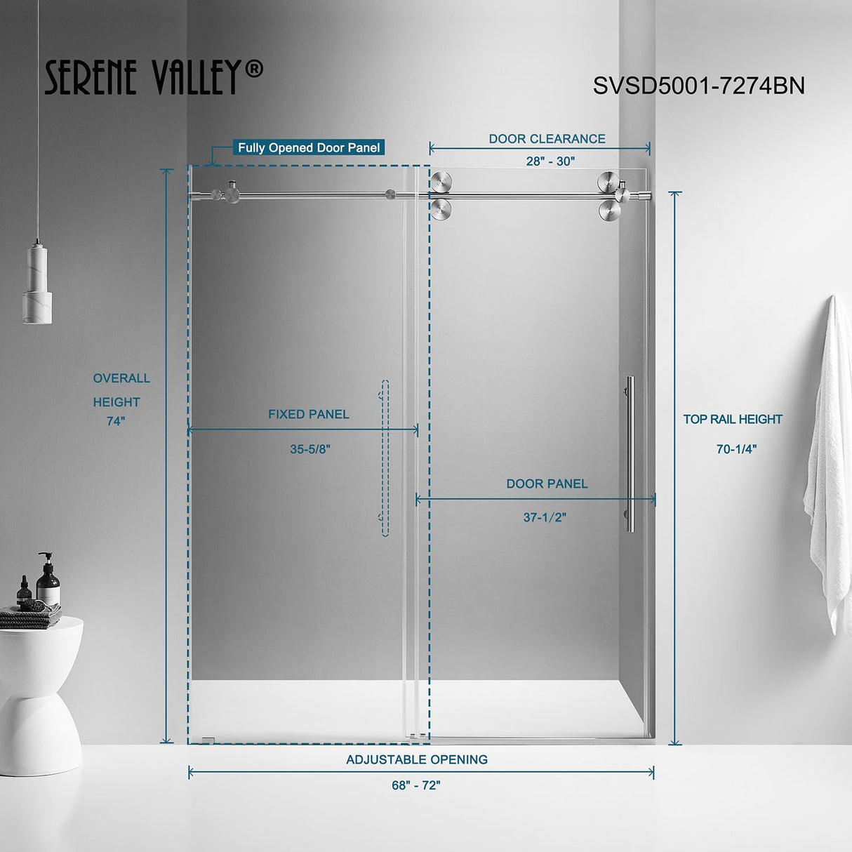 Serene Valley SVSD5001 - 7274BN Big Roller Frameless Sliding Shower Door - Superclear 3/8" Tempered Glass - 304 Stainless Steel Hardware in Brushed Nickel 68" - 72"W x 74"H - Serene Valley