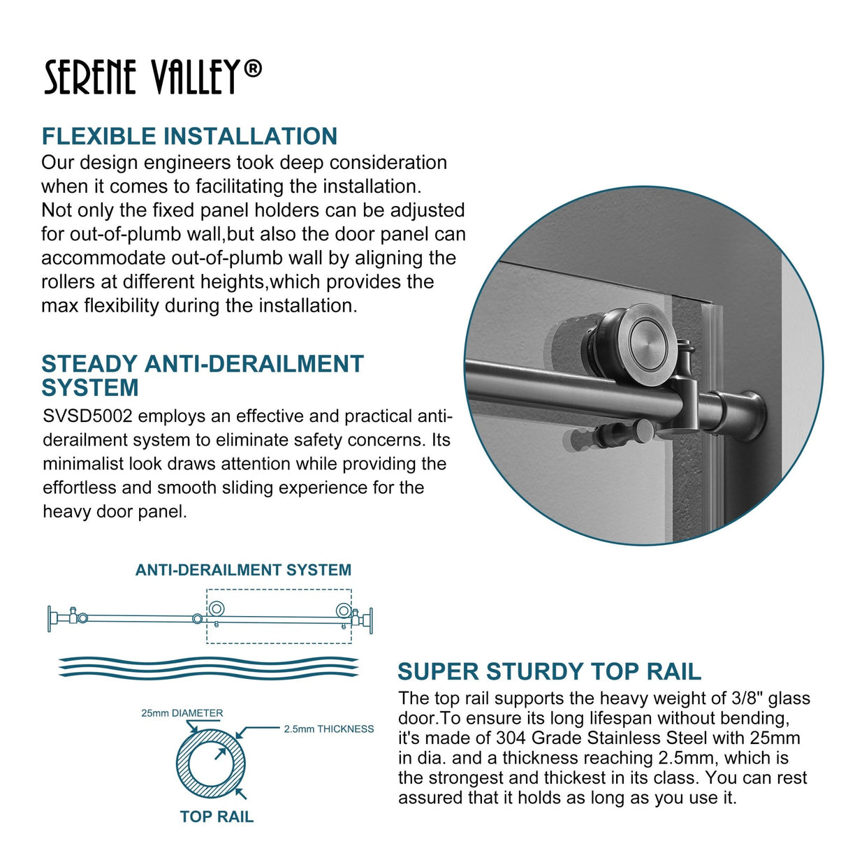 Serene Valley SVSD5002 - 7276BN Big Roller Frameless Sliding Shower Door - Superclear 3/8" Tempered Glass - 304 Stainless Steel Hardware in Brushed Nickel 68" - 72"W x 76"H - Serene Valley