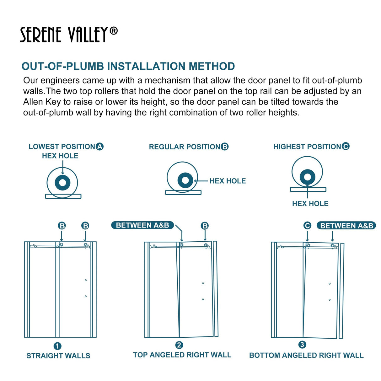 Serene Valley SVSD5002 - 7276CH Big Roller Frameless Sliding Shower Door - Superclear 3/8" Tempered Glass - 304 Stainless Steel Hardware in Chrome 68" - 72"W x 76"H - Serene Valley