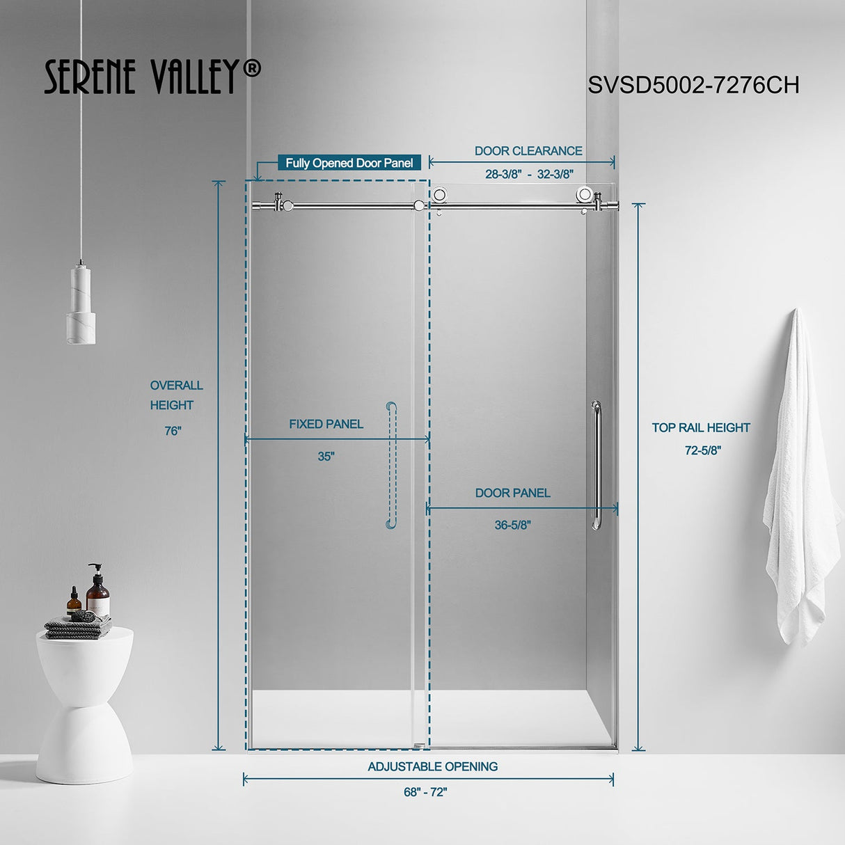 Serene Valley SVSD5002 - 7276CH Big Roller Frameless Sliding Shower Door - Superclear 3/8" Tempered Glass - 304 Stainless Steel Hardware in Chrome 68" - 72"W x 76"H - Serene Valley
