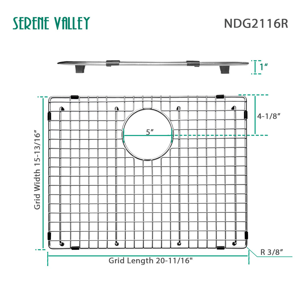 Sink Bottom Grid 20 - 11/16" X 15 - 13/16", Rear Drain with Corner Radius 3/16" NDG2116R - Serene Valley
