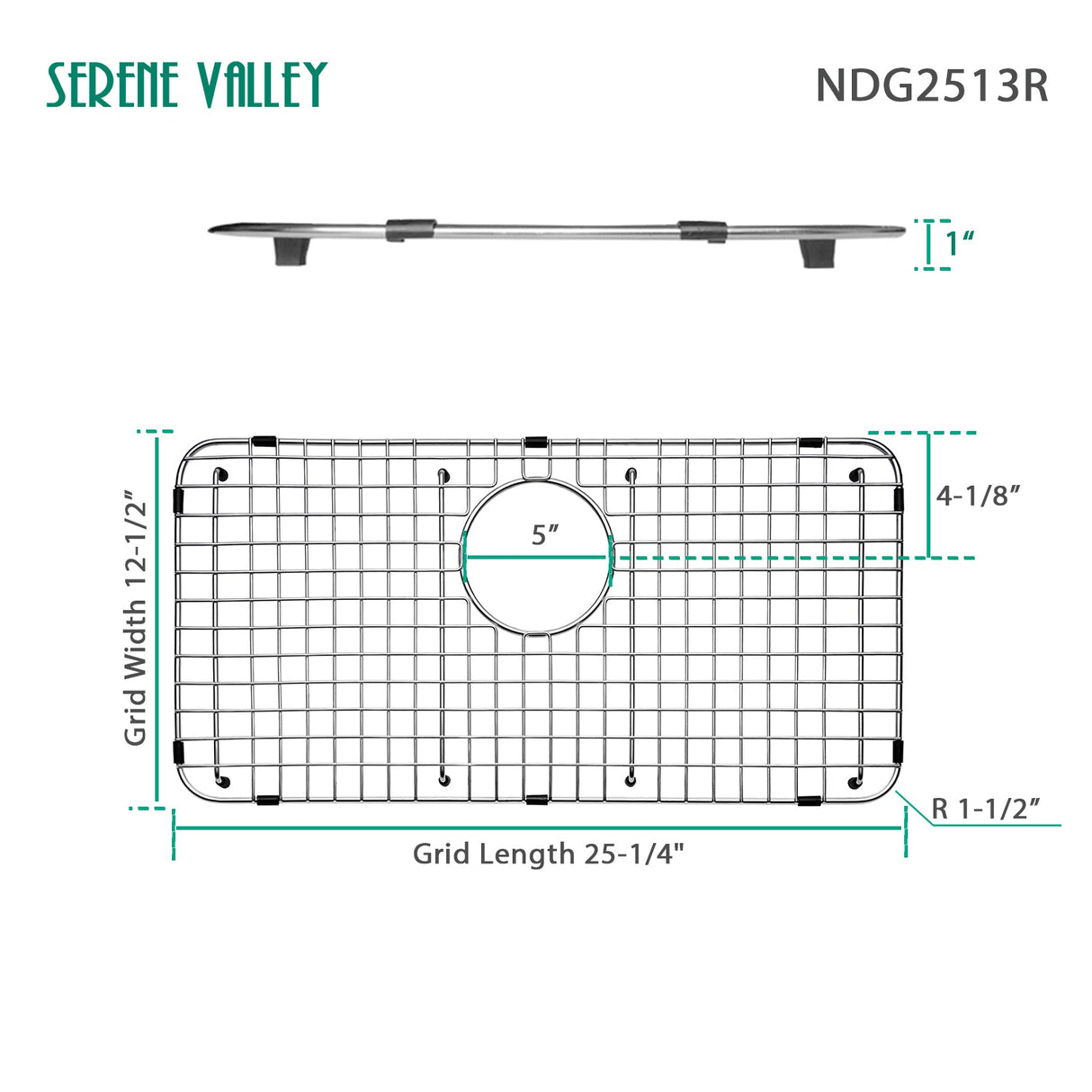 Sink Bottom Grid 25 - 1/4" X 12 - 1/2“, Rear Drain with Corner Radius 1 - 1/2" NDG2513R - Serene Valley