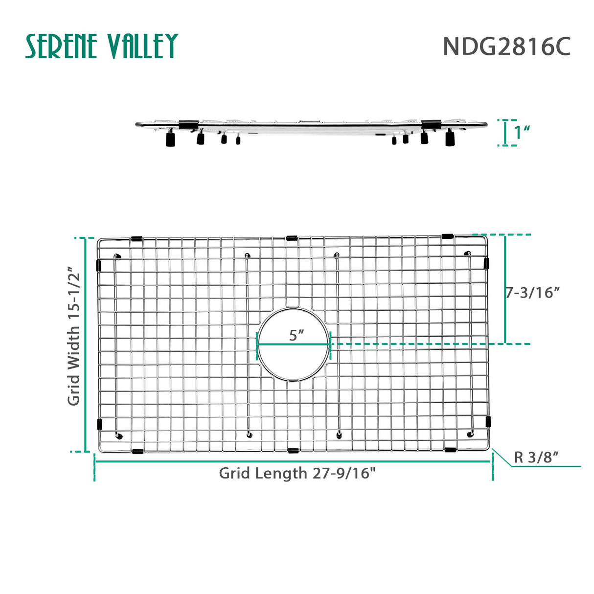 Sink Bottom Grid 27 - 9/16" X 15 - 1/2", Centered Drain with Corner Radius 3/8", Sink Protector NDG2816C - Serene Valley