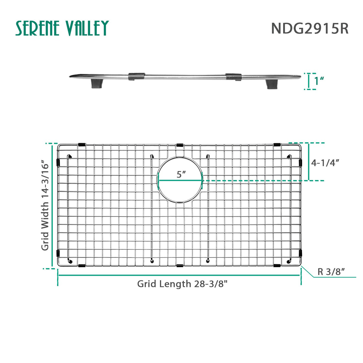 Sink Bottom Grid 28 - 3/8" x 14 - 3/16", Rear Drain with Corner Radius 3/16" NDG2915R - Serene Valley