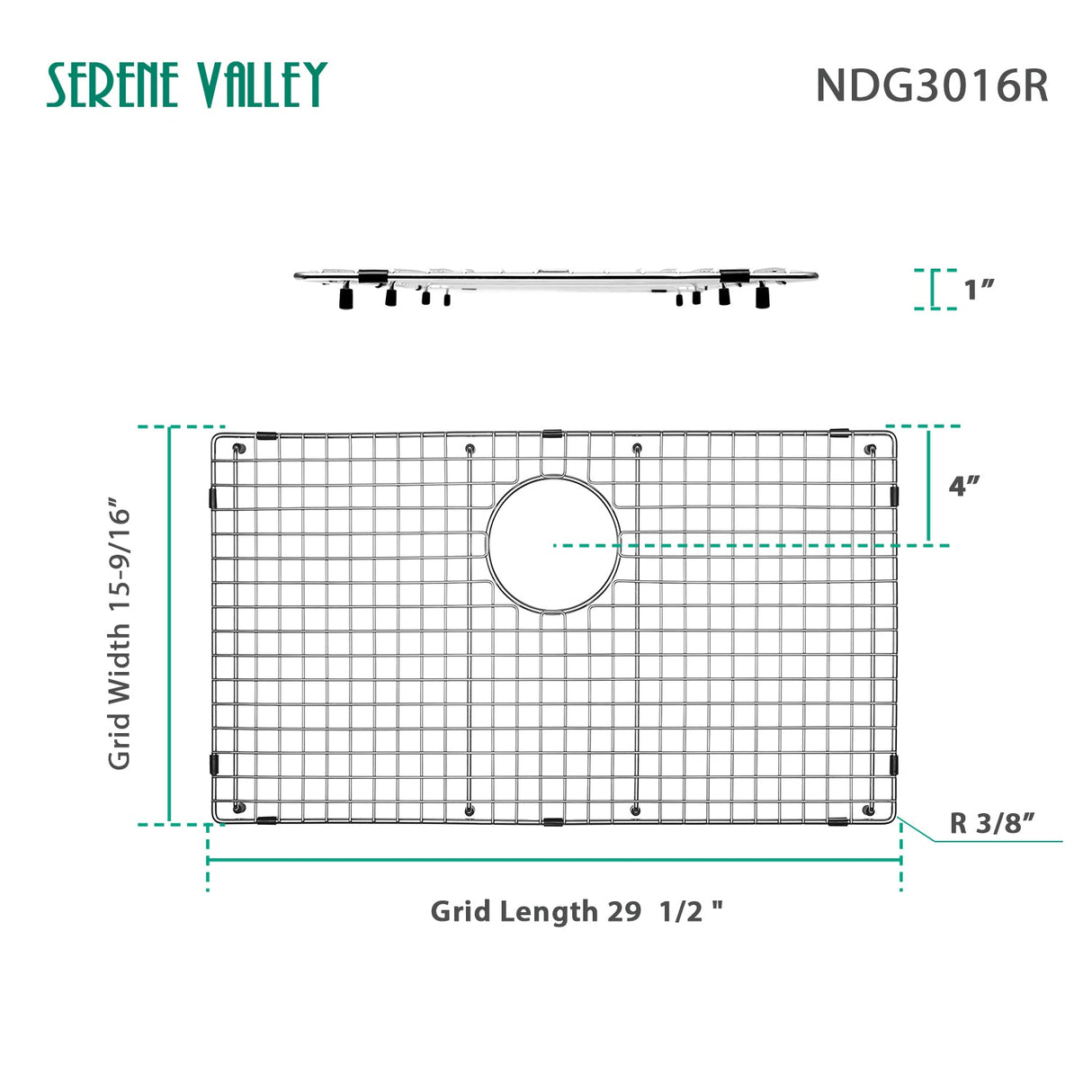 Sink Bottom Grid 29 - 1/2" X 15 - 9/16", Rear Drain with Corner Radius 3/8", Sink Protector NDG3016R - Serene Valley