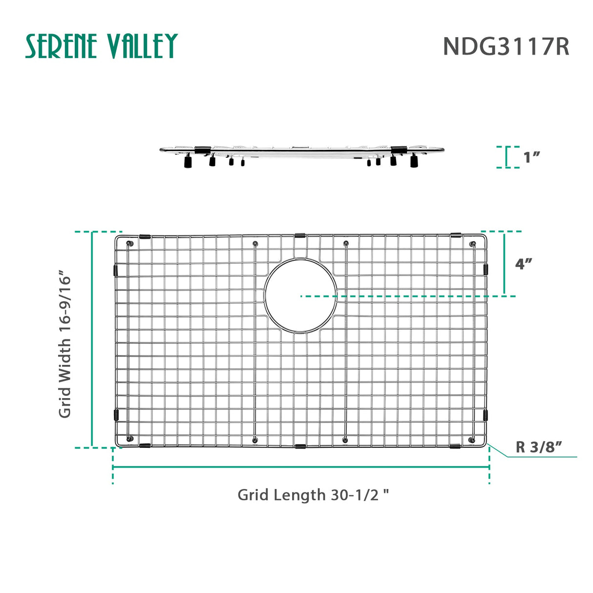 Sink Bottom Grid 30 - 1/2" X 16 - 9/16”, Rear Drain with Corner Radius 3/8", Sink Protector NDG3117R - Serene Valley