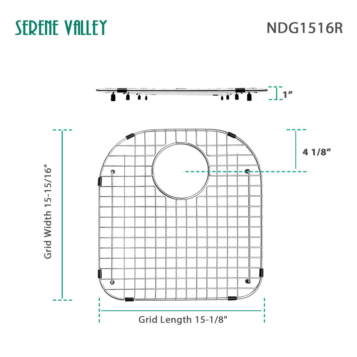 Sink Grid 15 - 1/8” X 15 - 15/16“, Rear Drain with Bottom Corner Radius 2 - 3/8" and Top Corner Radius 5 - 7/8", NDG1516R - Serene Valley