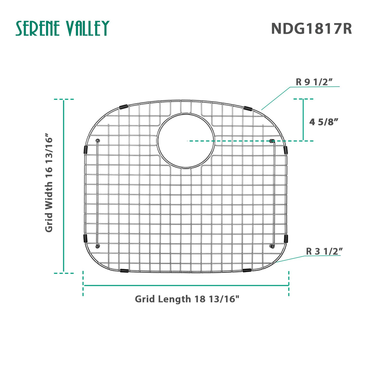 Sink Grid 18 - 13/16" x 16 - 13/16", Rear Drain with Bottom Corner Radius 3 - 1/2" and Top Corner Radius 9 - 1/2", NDG1817R - Serene Valley