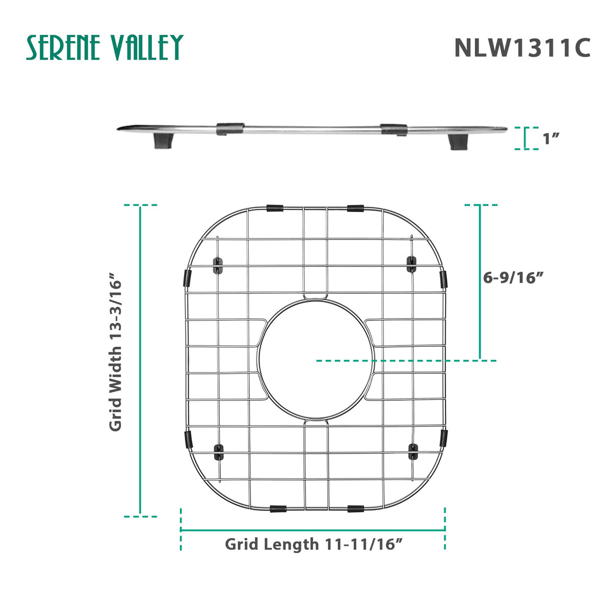 Sink Protector Grid 11 - 11/16" x 13 - 3/16", Centered Drain with Corner Radius 3 - 1/2" NLW1311C - Serene Valley