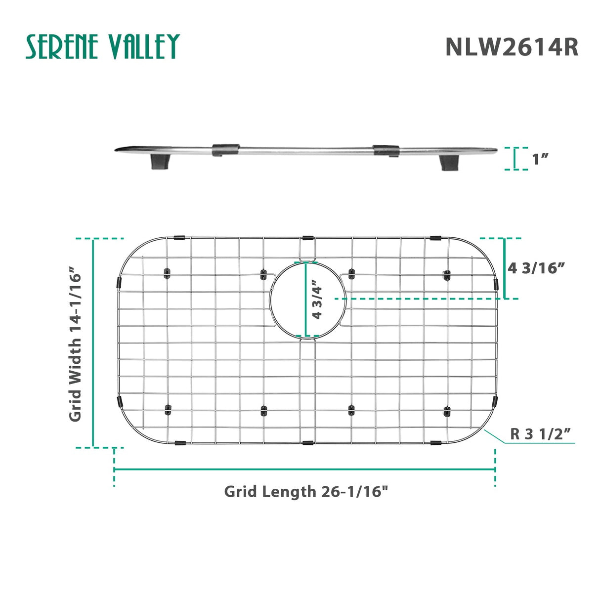 Sink Protector Grid 26 - 1/16" x 14 - 1/16", Rear Drain with Corner Radius 3 - 1/2" NLW2614R - Serene Valley