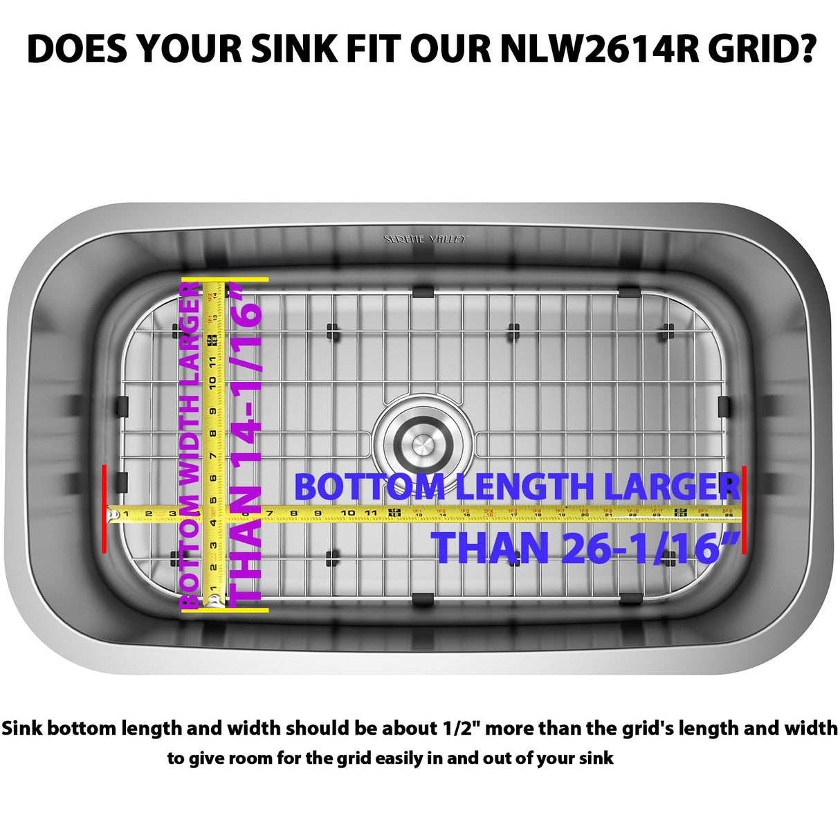 Sink Protector Grid 26 - 1/16" x 14 - 1/16", Rear Drain with Corner Radius 3 - 1/2" NLW2614R - Serene Valley