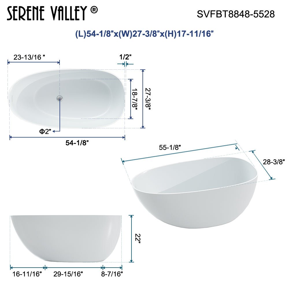 55" Solid Stone Resin Flatbottom Non - Whirlpool Bathtub in Matte White SVFBT8848 - 5528 - Serene Valley