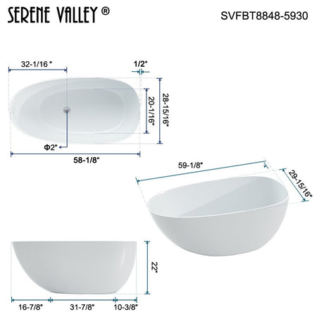 59" Solid Stone Resin Flatbottom Non - Whirlpool Bathtub in Matte White SVFBT8848 - 5930 - Serene Valley