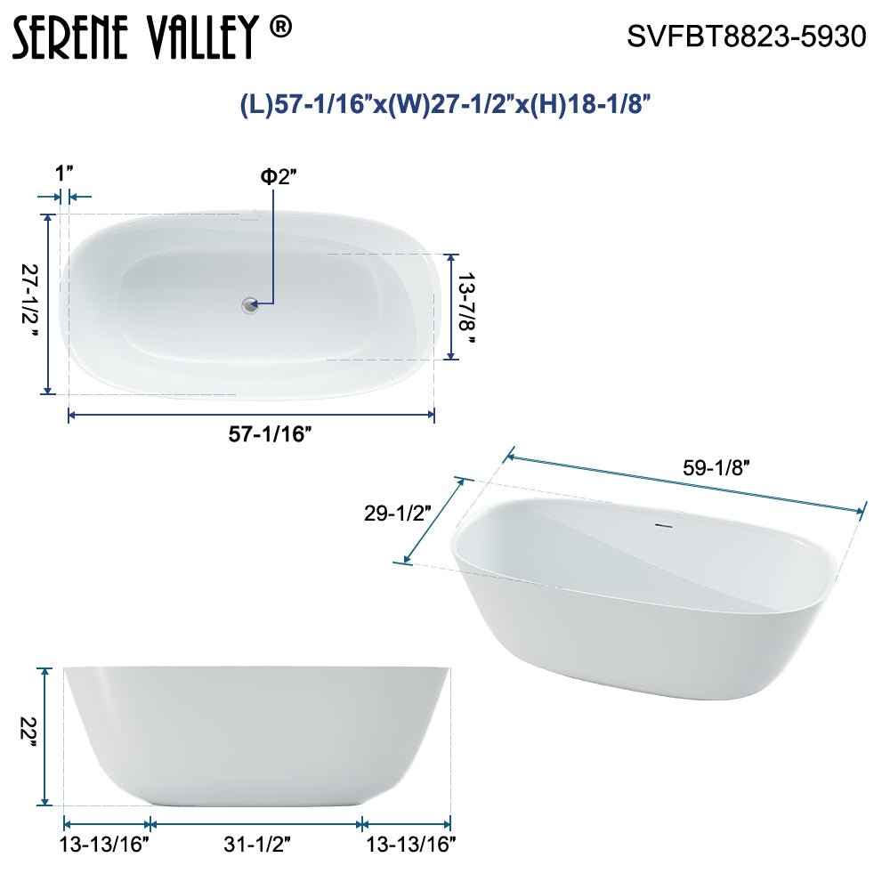 59.06" L x 29.53" W x 22.05" H Solid Stone Resin Flatbottom Non - Whirlpool Bathtub in Matte White SVFBT8823 - 5930 - Serene Valley