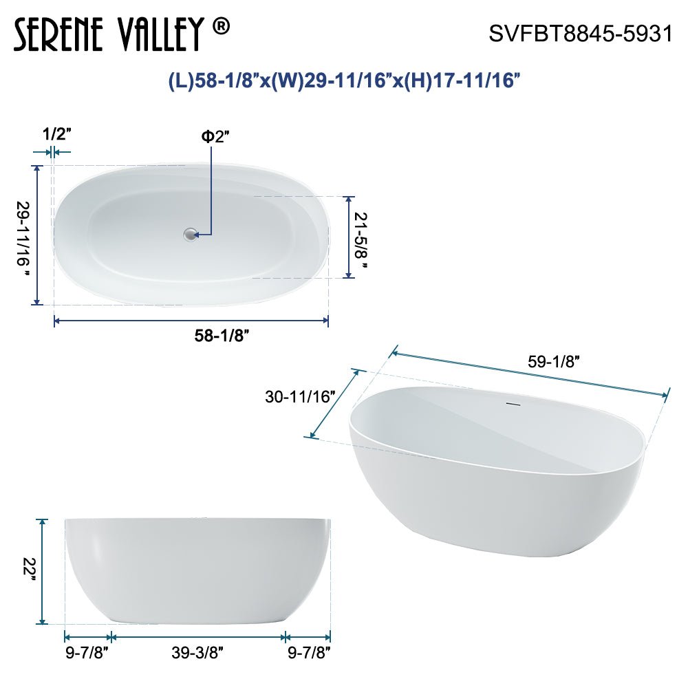 59.06" L x 30.71" W x 22.05" H Solid Stone Resin Flatbottom Non - Whirlpool Bathtub in Matte White SVFBT8845 - 5931 - Serene Valley