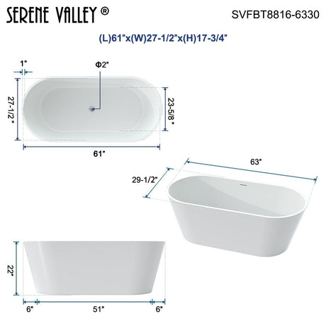 62.99" L x 29.53" W x 22.05" H Solid Stone Resin Flatbottom Soaking Bathtub in Matte White SVFBT8816 - 6330 - Serene Valley