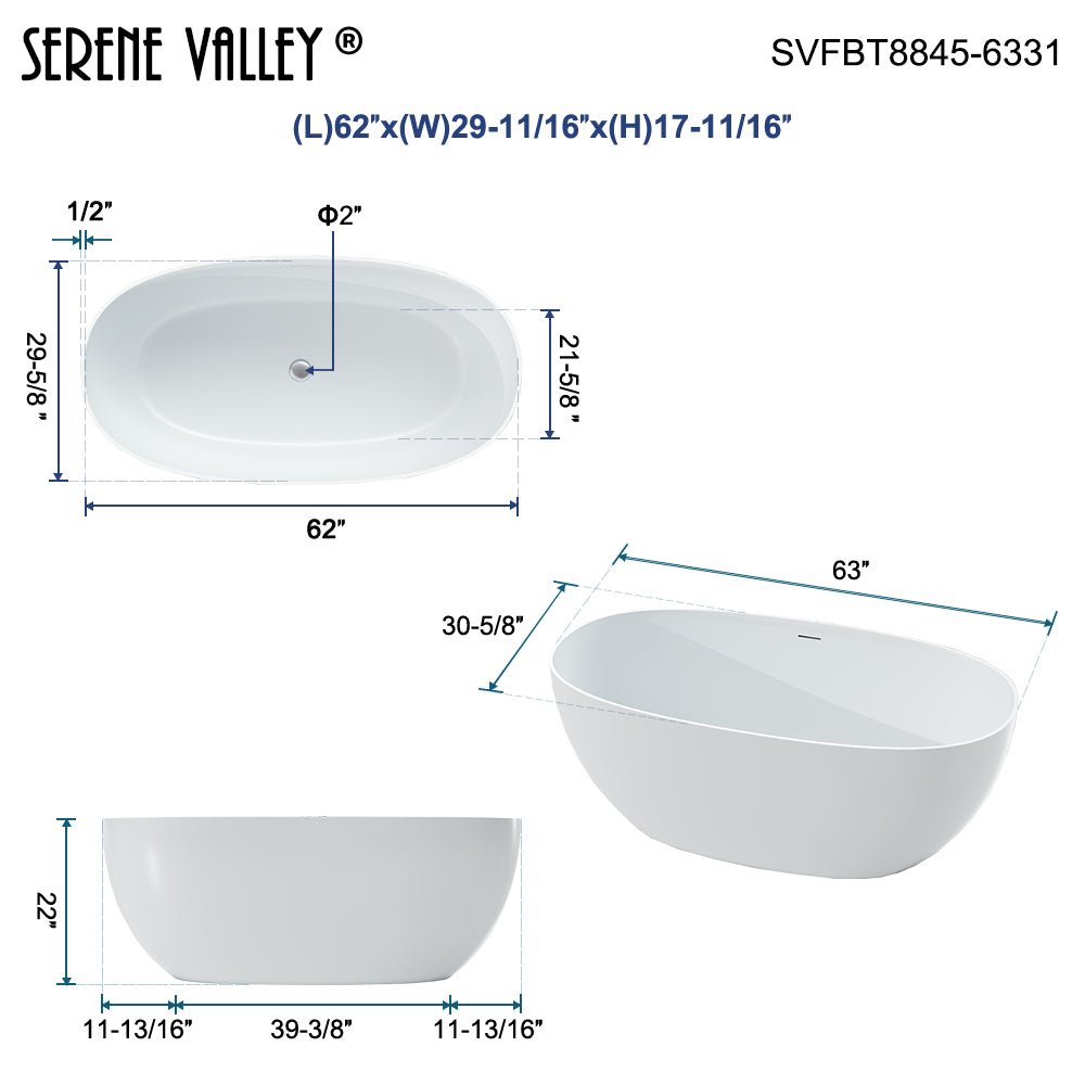 62.99" L x 30.71" W x 22.05" H Solid Stone Resin Flatbottom Non - Whirlpool Bathtub in Matte White SVFBT8845 - 6331 - Serene Valley