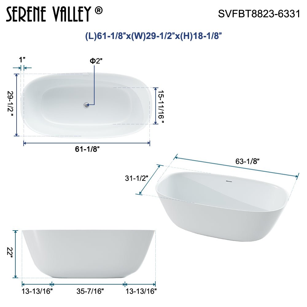 62.99" L x 31.5" W x 22.05" H Solid Stone Resin Flatbottom Non - Whirlpool Bathtub in Matte White SVFBT8823 - 6331 - Serene Valley