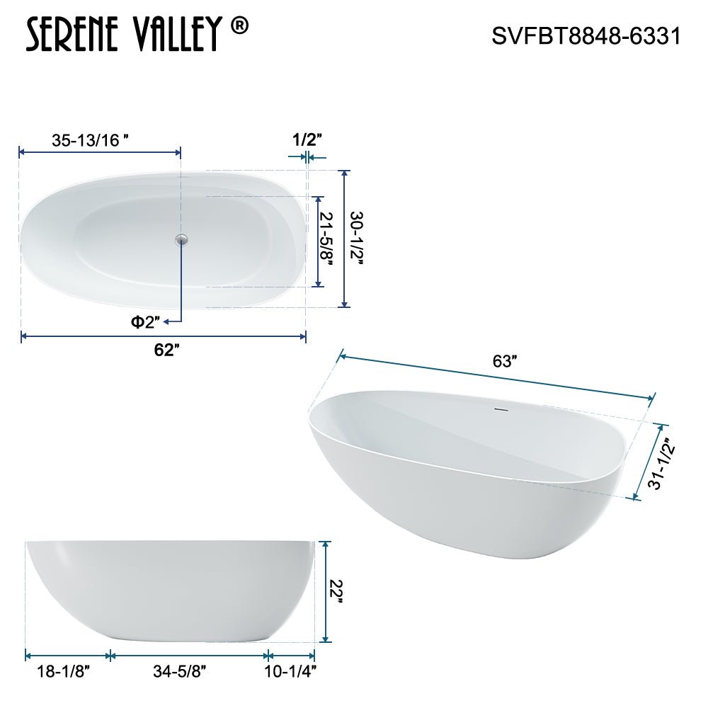 63" Solid Stone Resin Flatbottom Non - Whirlpool Bathtub in Matte White SVFBT8848 - 6331 - Serene Valley