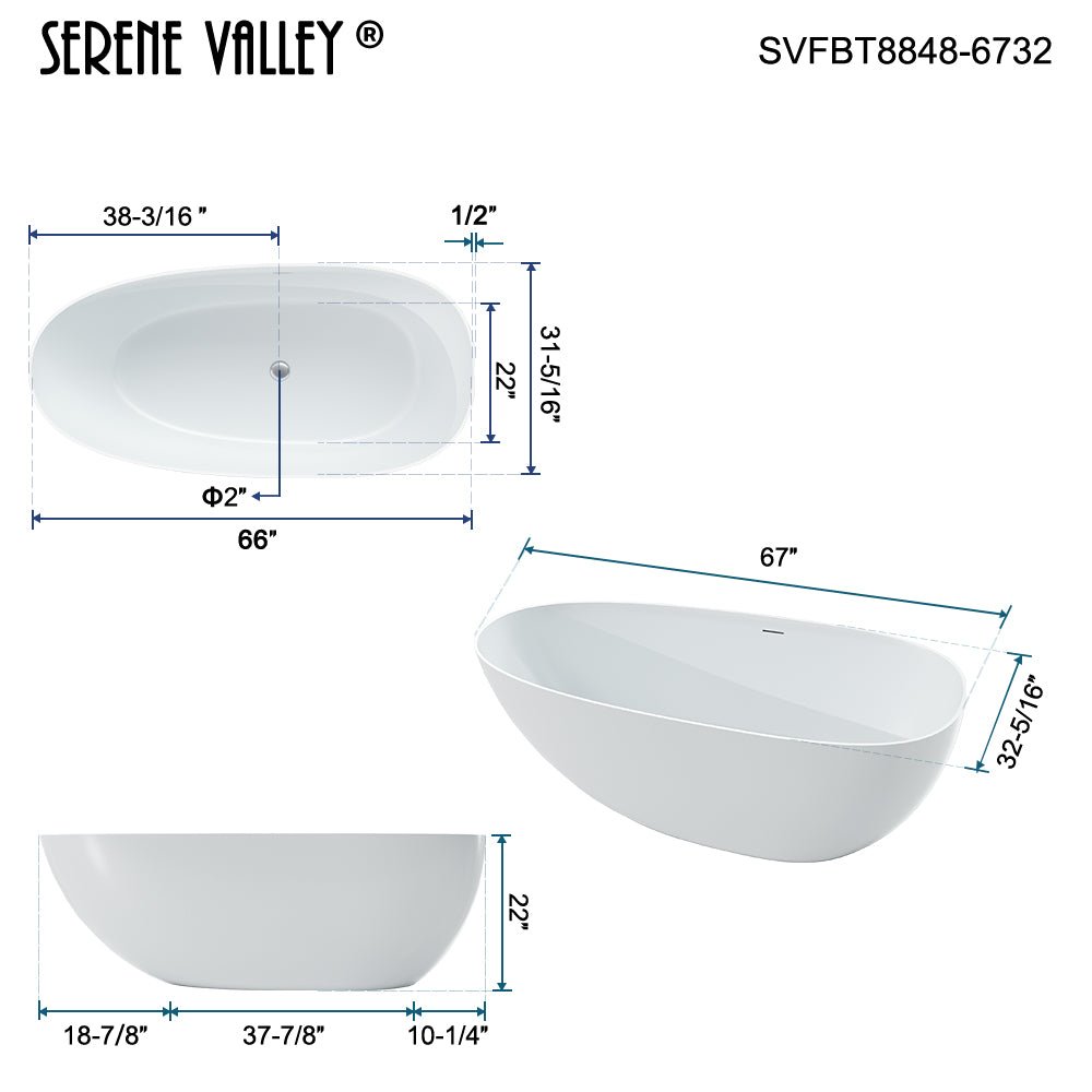 67" Solid Stone Resin Flatbottom Non - Whirlpool Bathtub in Matte White SVFBT8848 - 6732 - Serene Valley