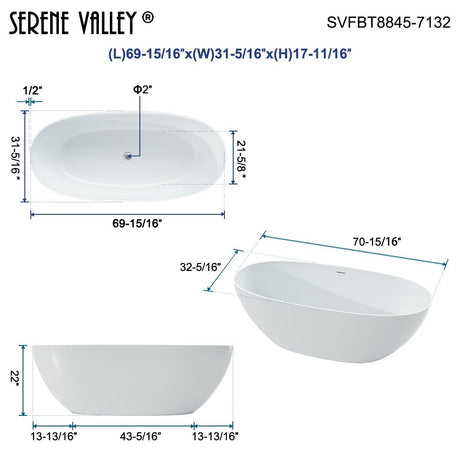 70.87" L x 32.28" W x 22.05" H Solid Stone Resin Flatbottom Non - Whirlpool Bathtub in Matte White SVFBT8845 - 7132 - Serene Valley