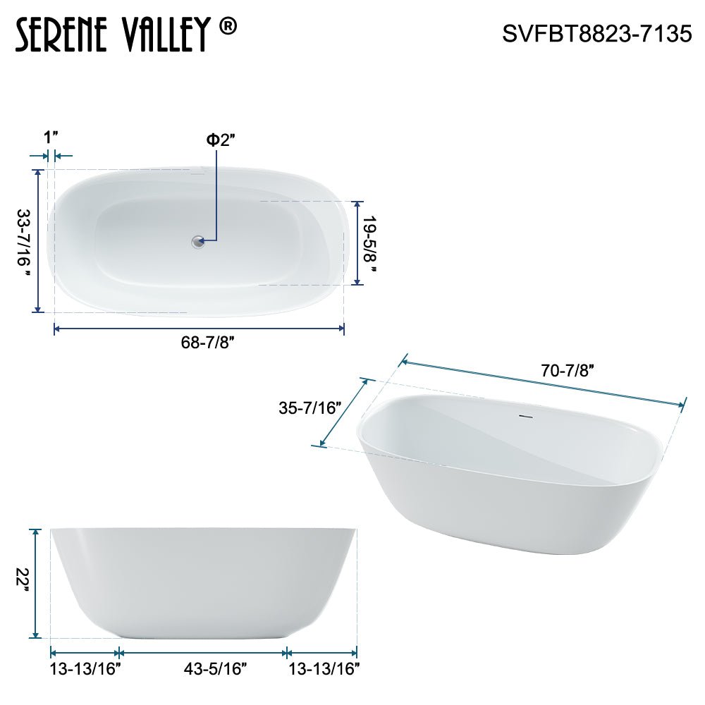 70.87" L x 35.43" W x 22.05" H Solid Stone Resin Flatbottom Non - Whirlpool Bathtub in Matte White SVFBT8823 - 7135 - Serene Valley