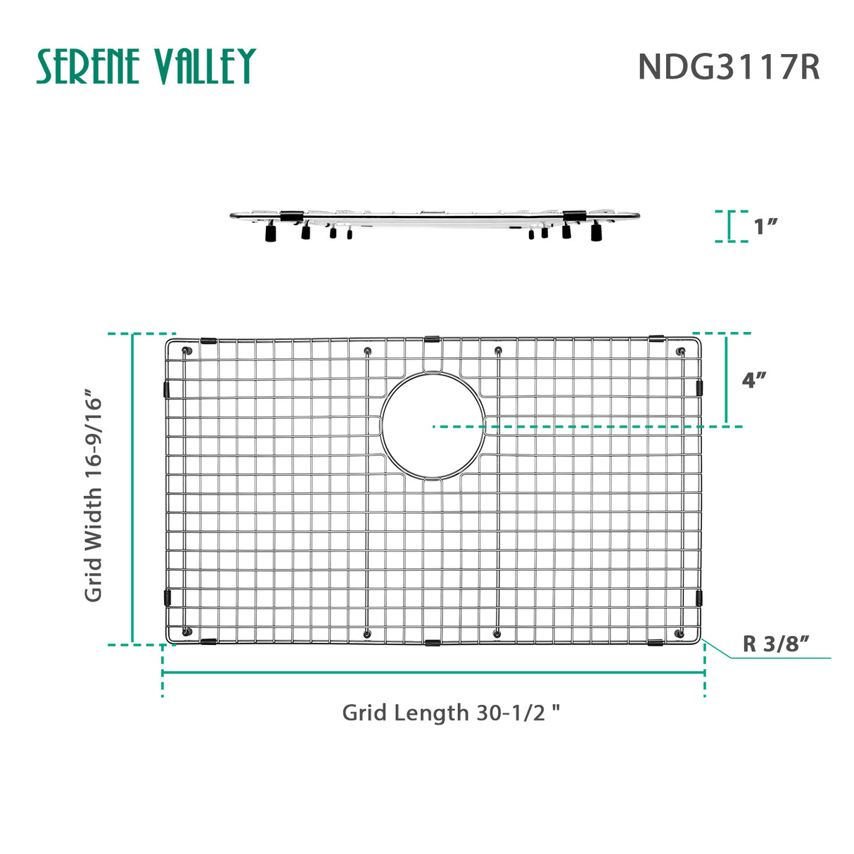 Sink Bottom Grid 30-1/2" X 16-9/16”, Rear Drain with Corner Radius 3/8", Sink Protector NDG3117R