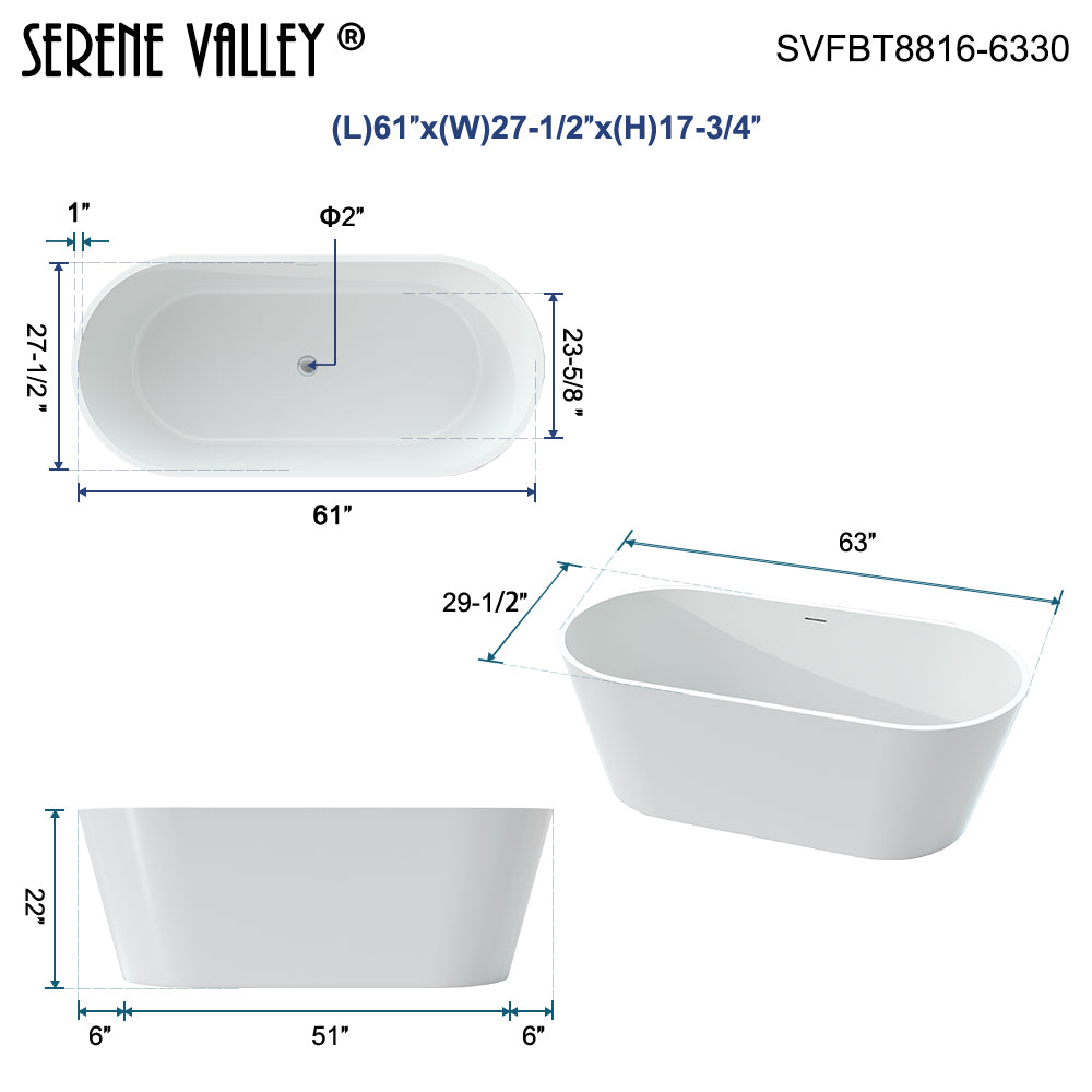 62.99" L x 29.53" W x 22.05" H Solid Stone Resin Flatbottom Soaking Bathtub in Matte White SVFBT8816-6330