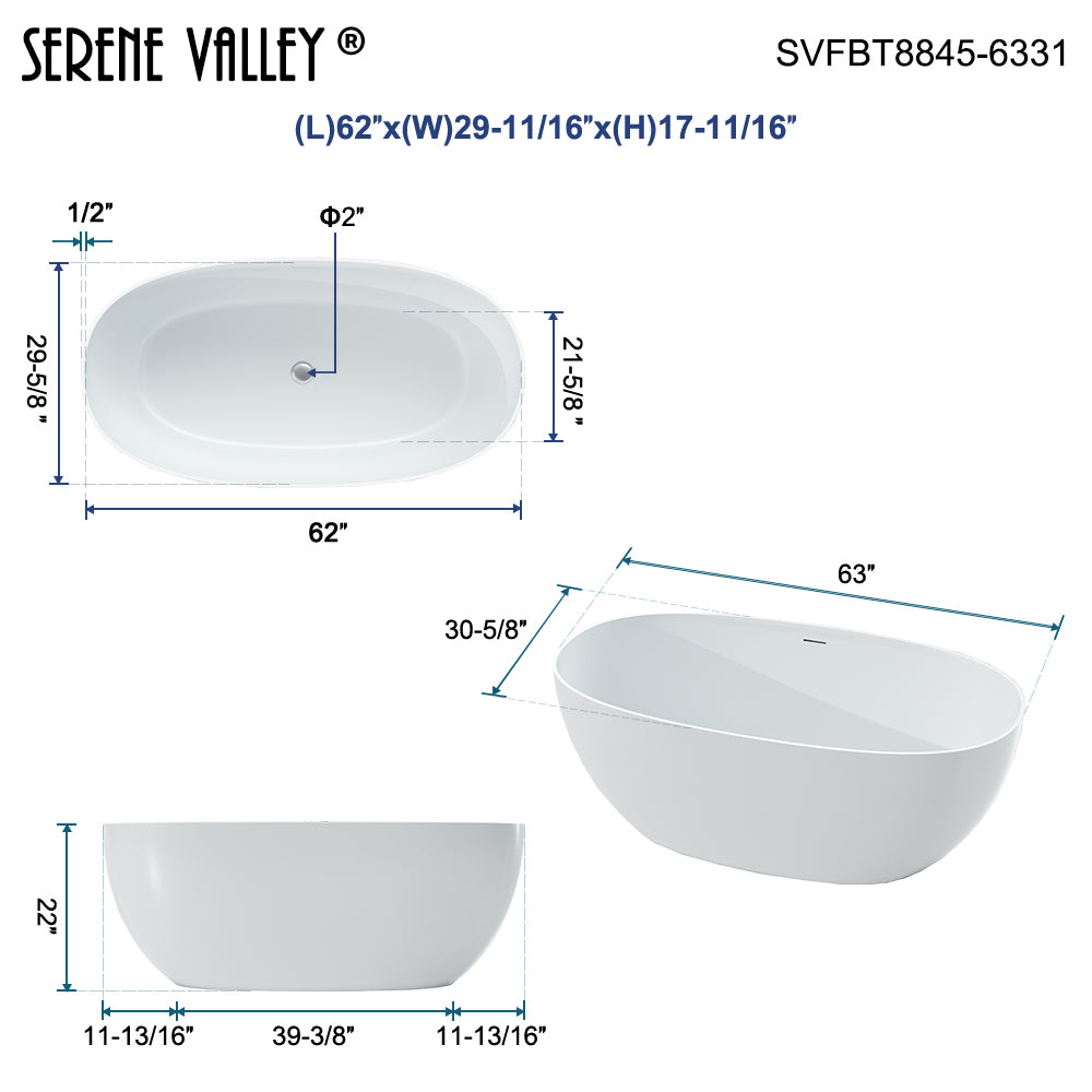 62.99" L x 30.71" W x 22.05" H Solid Stone Resin Flatbottom Non-Whirlpool Bathtub in Matte White SVFBT8845-6331