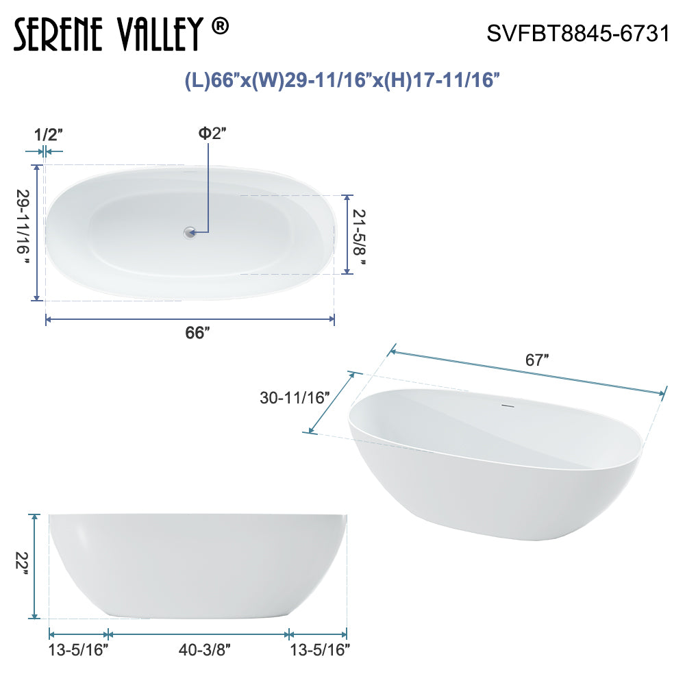 66.93" L x 30.71" W x 22.05" H Solid Stone Resin Flatbottom Non-Whirlpool Bathtub in Matte White SVFBT8845-6731