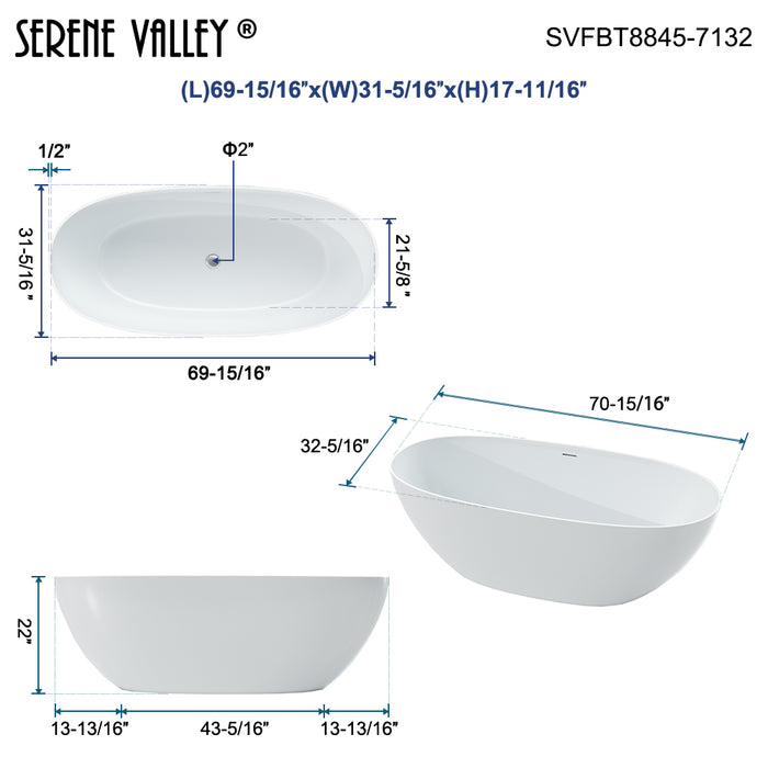 70.87" L x 32.28" W x 22.05" H Solid Stone Resin Flatbottom Non-Whirlpool Bathtub in Matte White SVFBT8845-7132