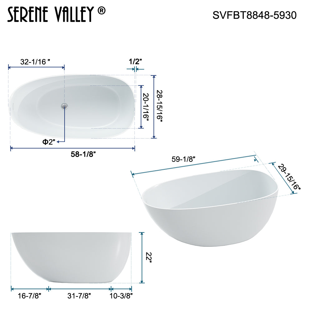 59" Solid Stone Resin Flatbottom Non-Whirlpool Bathtub in Matte White SVFBT8848-5930