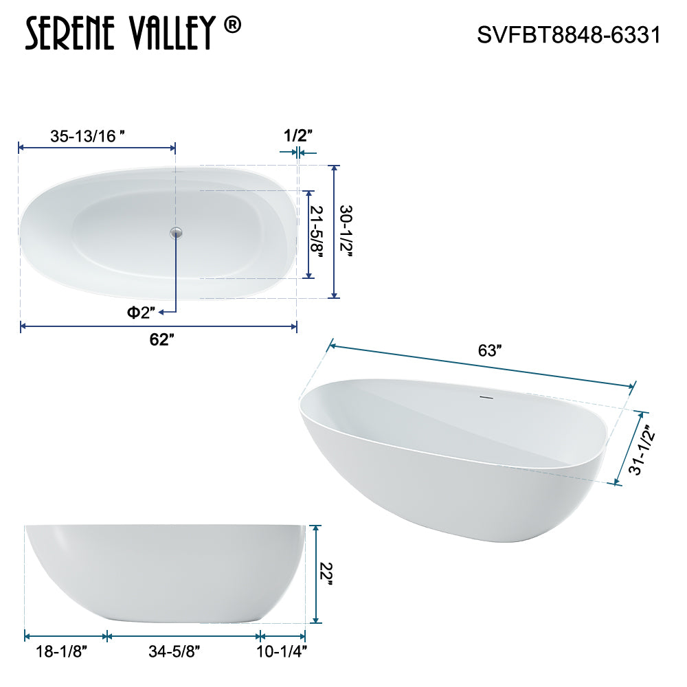 63" Solid Stone Resin Flatbottom Non-Whirlpool Bathtub in Matte White SVFBT8848-6331