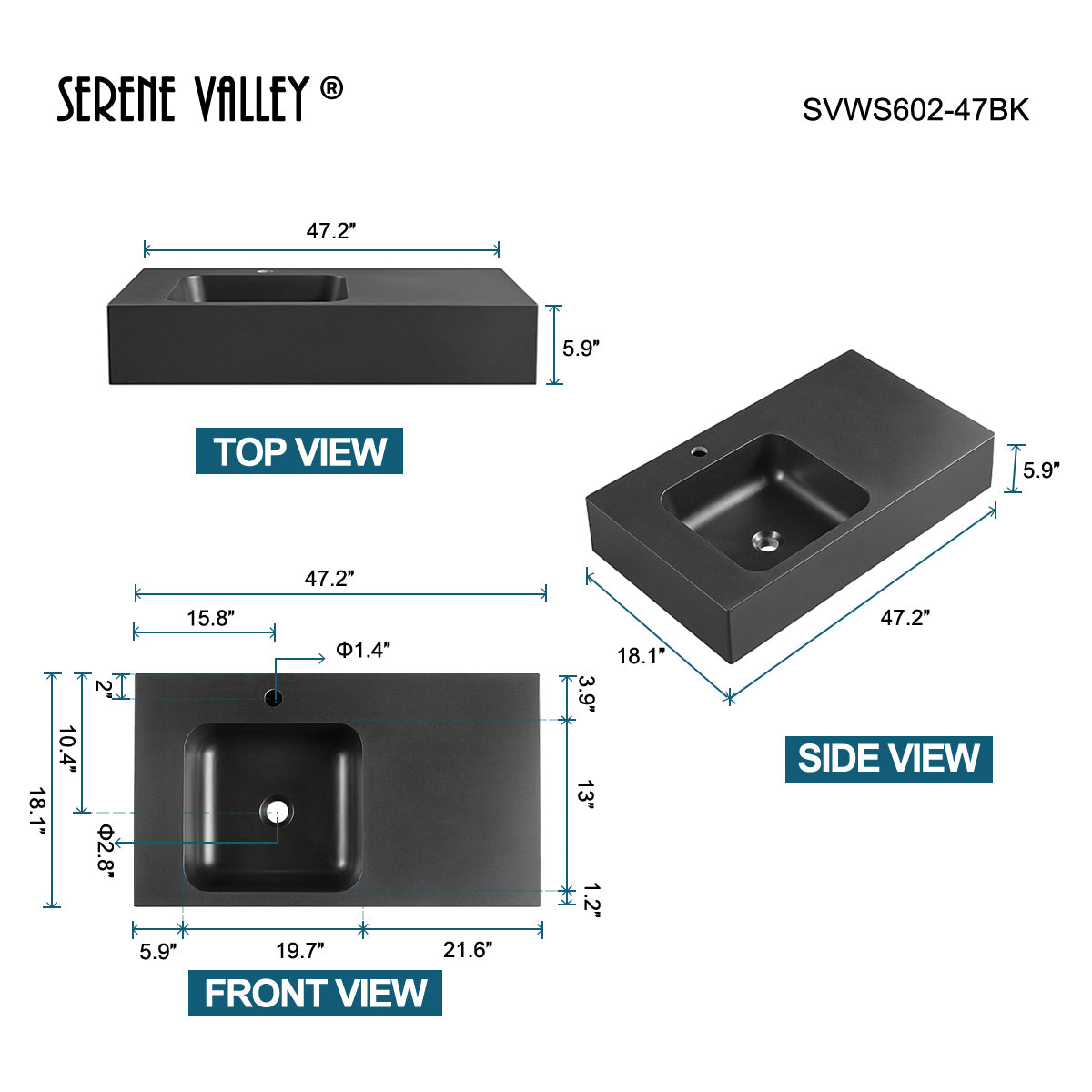 Serene Valley Bathroom Sink, Wall-Mount or On Countertop, 47" with Square Sink and Flat Space, Single Faucet Hole, Premium Granite Material in Matte Black