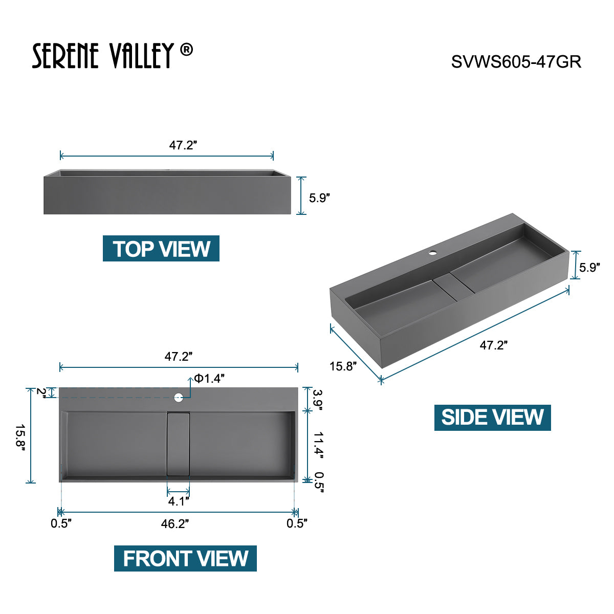 Serene Valley 47" Floating or Countertop Bathroom Sink, Double Faucet Holes with Hidden Drain, Solid Surface Material in Matte Gray, SVWS605-47GR