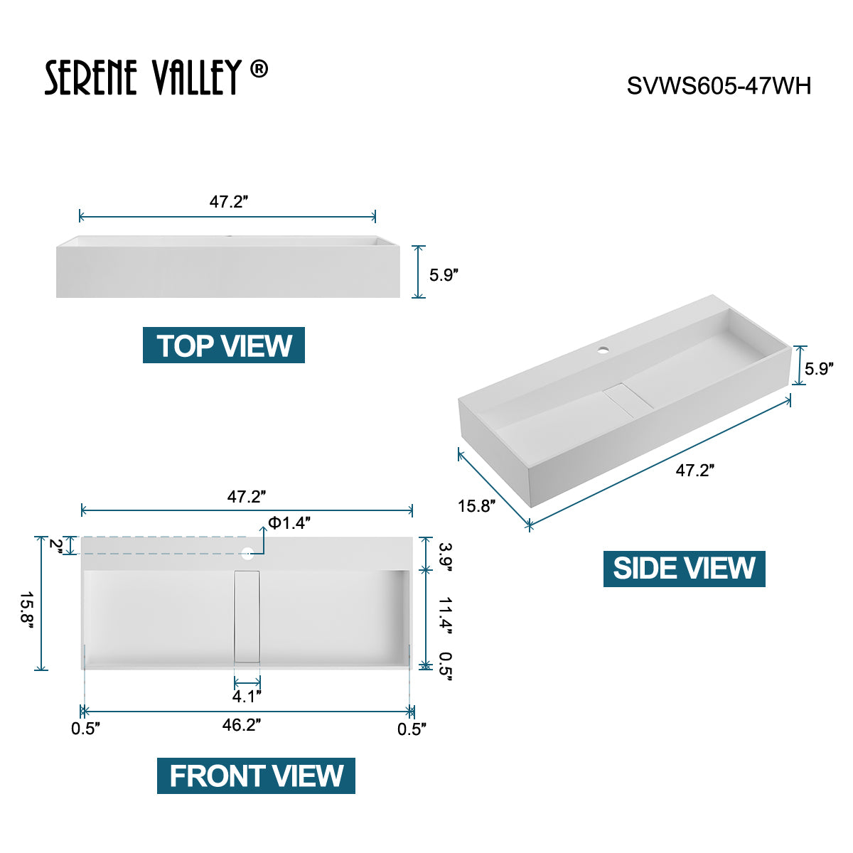 Serene Valley 47" Floating or Countertop Bathroom Sink, Double Faucet Holes with Hidden Drain, Solid Surface Material in Matte White, SVWS605-47WH