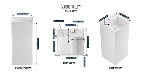 Bathroom Pedestal Sink, Solid Surface Material, Free - Standing Install, 16.5" with Single Faucet Hole in Matte White, SV - PSF17 - Serene Valley