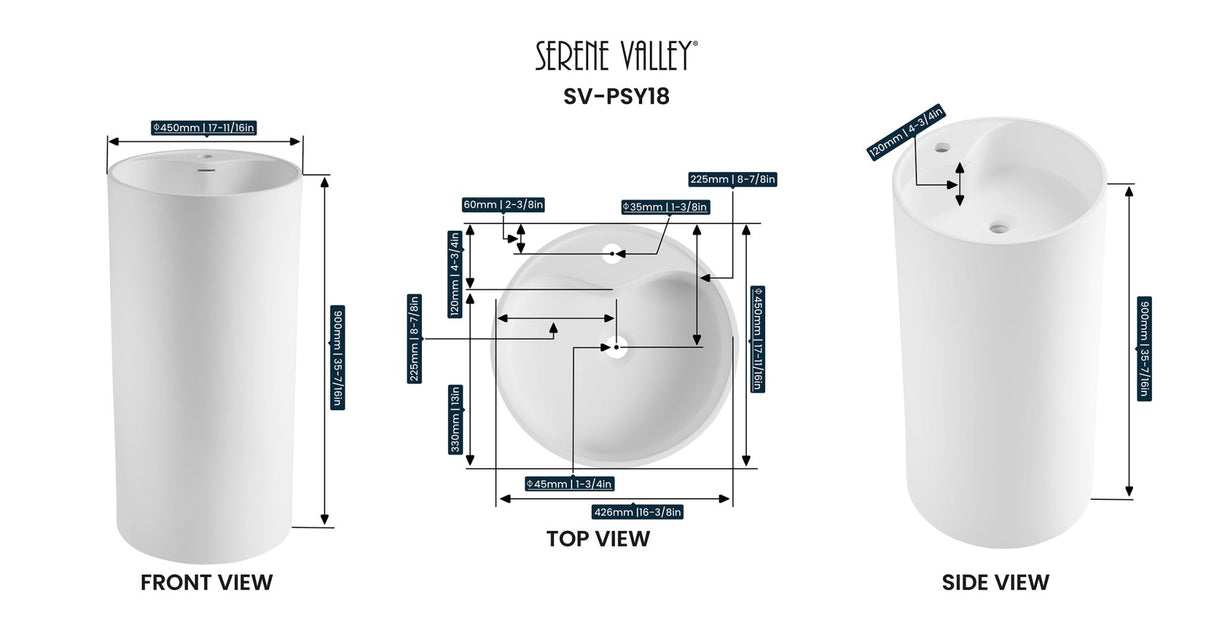 Bathroom Pedestal Sink, Solid Surface Material, Free - Standing Install, 18" with Single Faucet Hole in Matte White, SV - PSY18 - Serene Valley