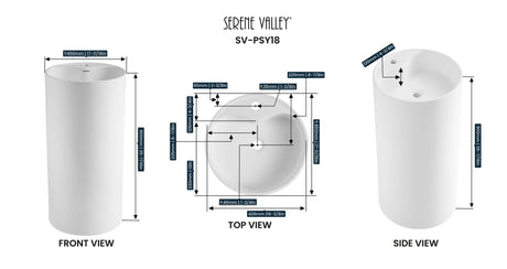 Bathroom Pedestal Sink, Solid Surface Material, Free - Standing Install, 18" with Single Faucet Hole in Matte White, SV - PSY18 - Serene Valley