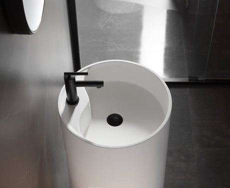 Bathroom Pedestal Sink, Solid Surface Material, Free - Standing Install, 18" with Single Faucet Hole in Matte White, SV - PSY18 - Serene Valley