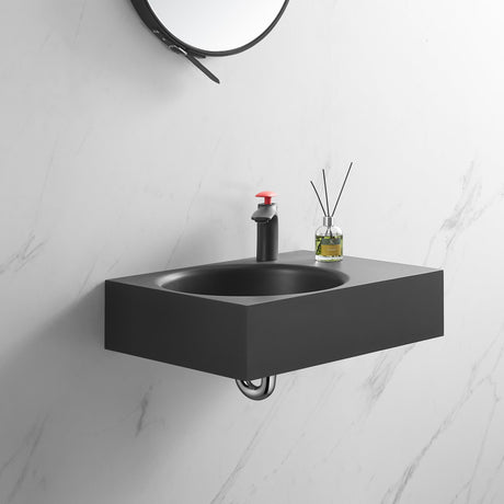 Bathroom Sink, Solid Surface Material, Wall - Mount or Countertop Install, 24" with Single Faucet Hole in Matte Black， SVWS603L - 26BK - Serene Valley