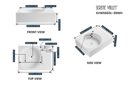 Bathroom Sink, Solid Surface Material, Wall - Mount or Countertop Install, 24" with Single Faucet Hole in Matte White， SVWS603L - 26WH - Serene Valley