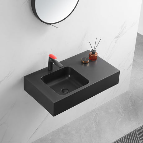 Bathroom Sink, Solid Surface Material, Wall - Mount or Countertop Install, 32" with Single Faucet Hole in Matte Black， SVWS602 - 32BK - Serene Valley