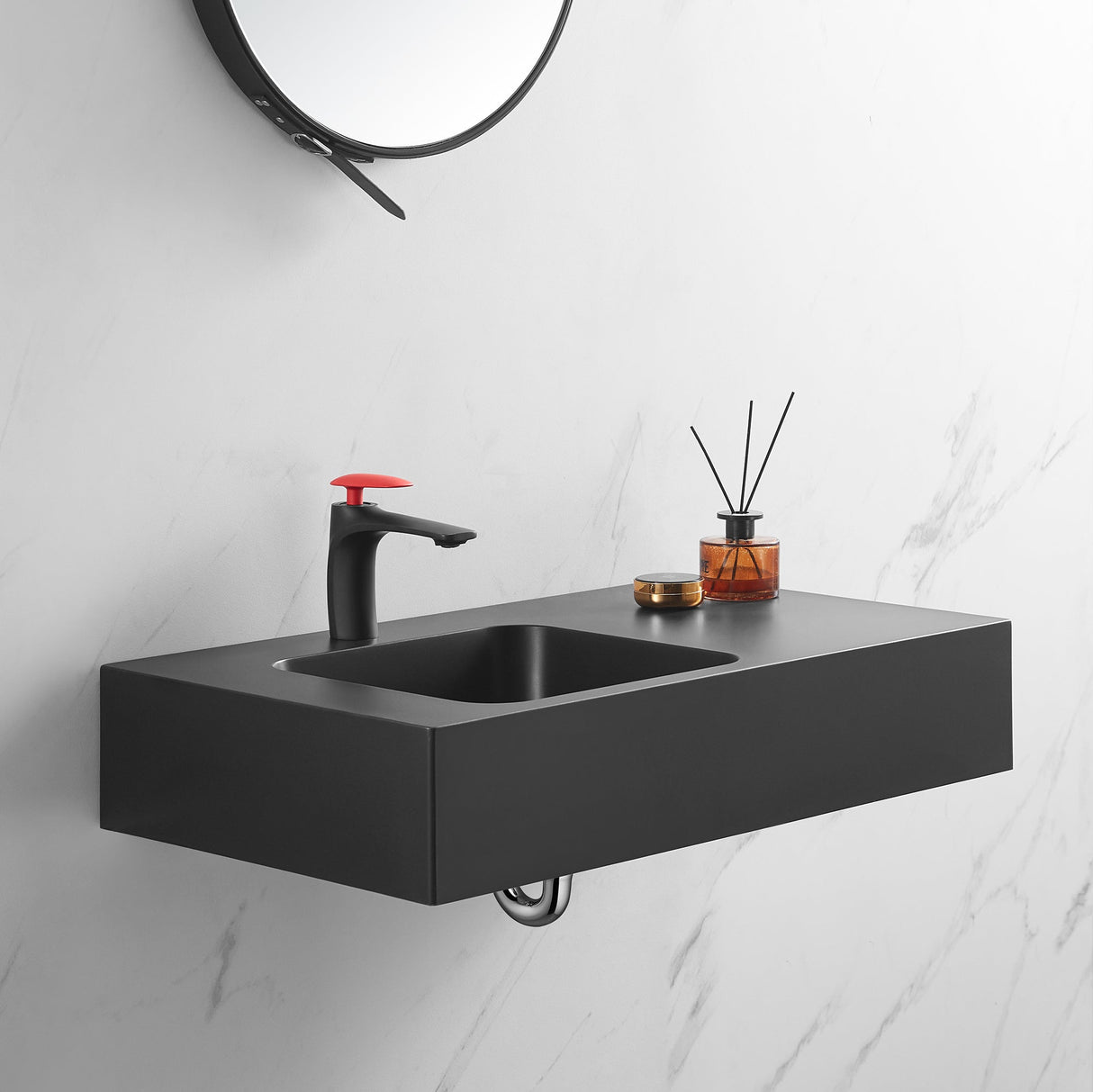 Bathroom Sink, Solid Surface Material, Wall - Mount or Countertop Install, 32" with Single Faucet Hole in Matte Black， SVWS602 - 32BK - Serene Valley